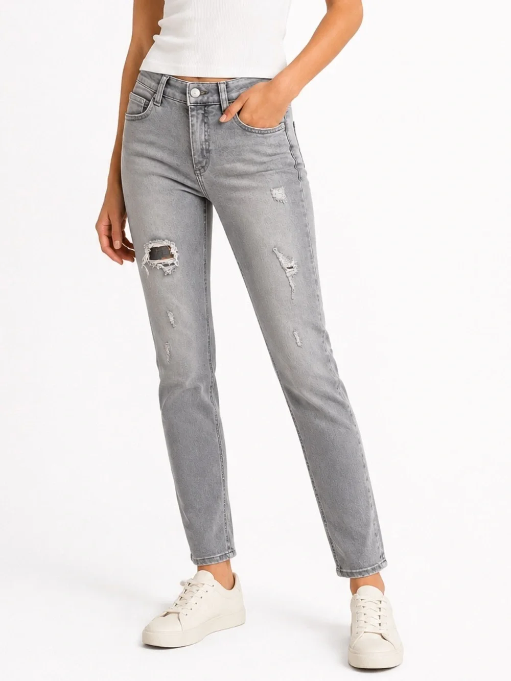 MAC Angela Gray Distressed Skinny Jeans 34/32 Premium European Denim